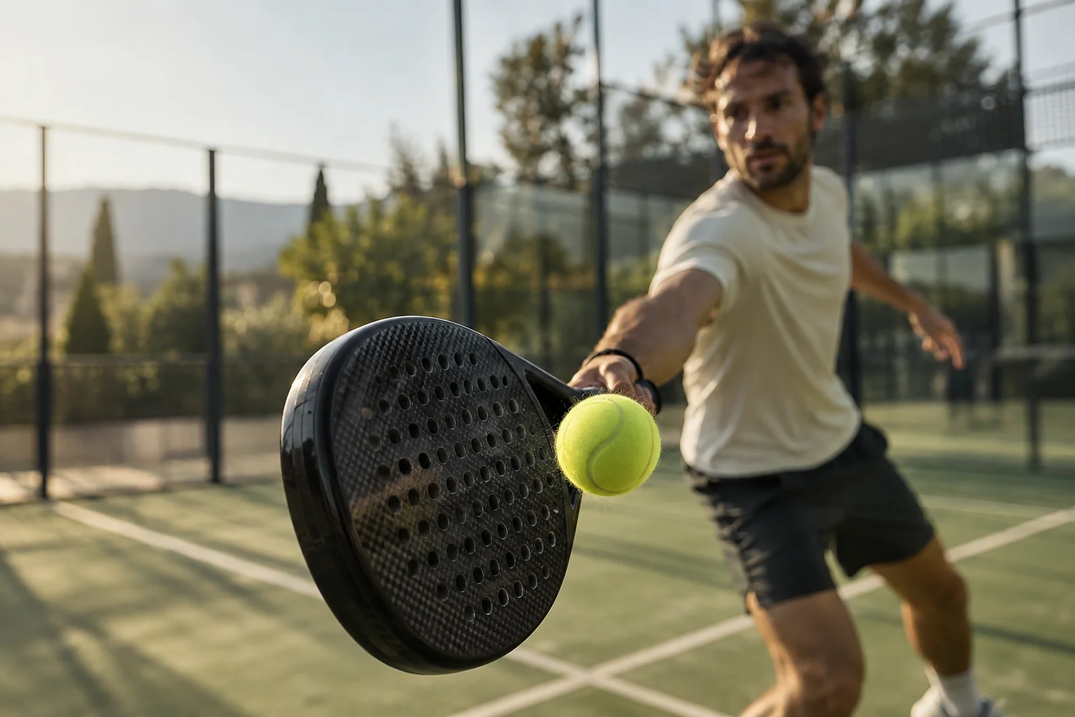 Raquete e bola em foco durante uma partida de padel