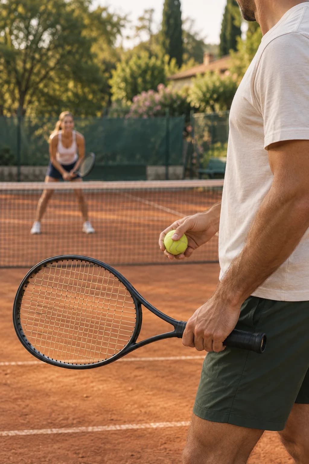 Raquete e bola em primeiro plano, com uma amiga esperando a próxima troca em uma quadra de clube